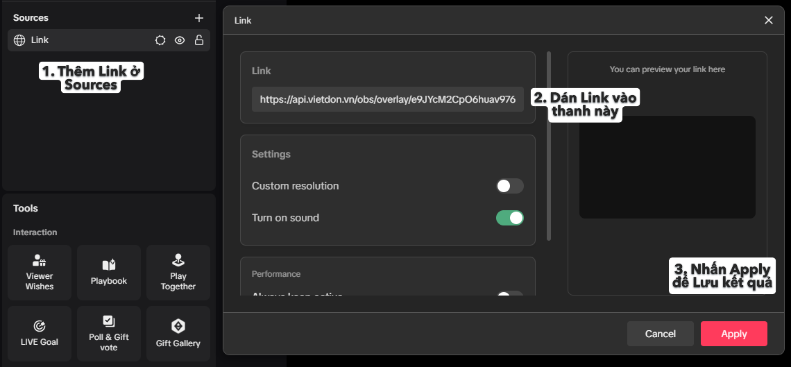 Hướng dẫn thêm link overlay VietDon vào TikTok Live Studio: thêm Link ở Sources, dán link, bật Turn on sound, nhấn Apply