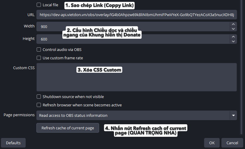 Cấu hình Browser Source VietDon trong OBS Studio: sao chép link, đặt Width 900 Height 600, xoá Custom CSS, Refresh cache of current page